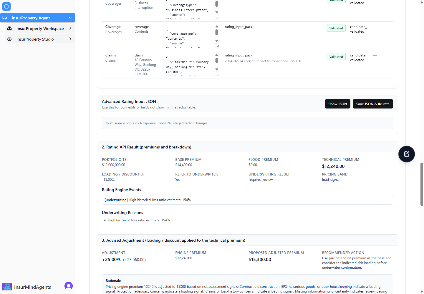 InsurAgent interface showing a property pricing result.