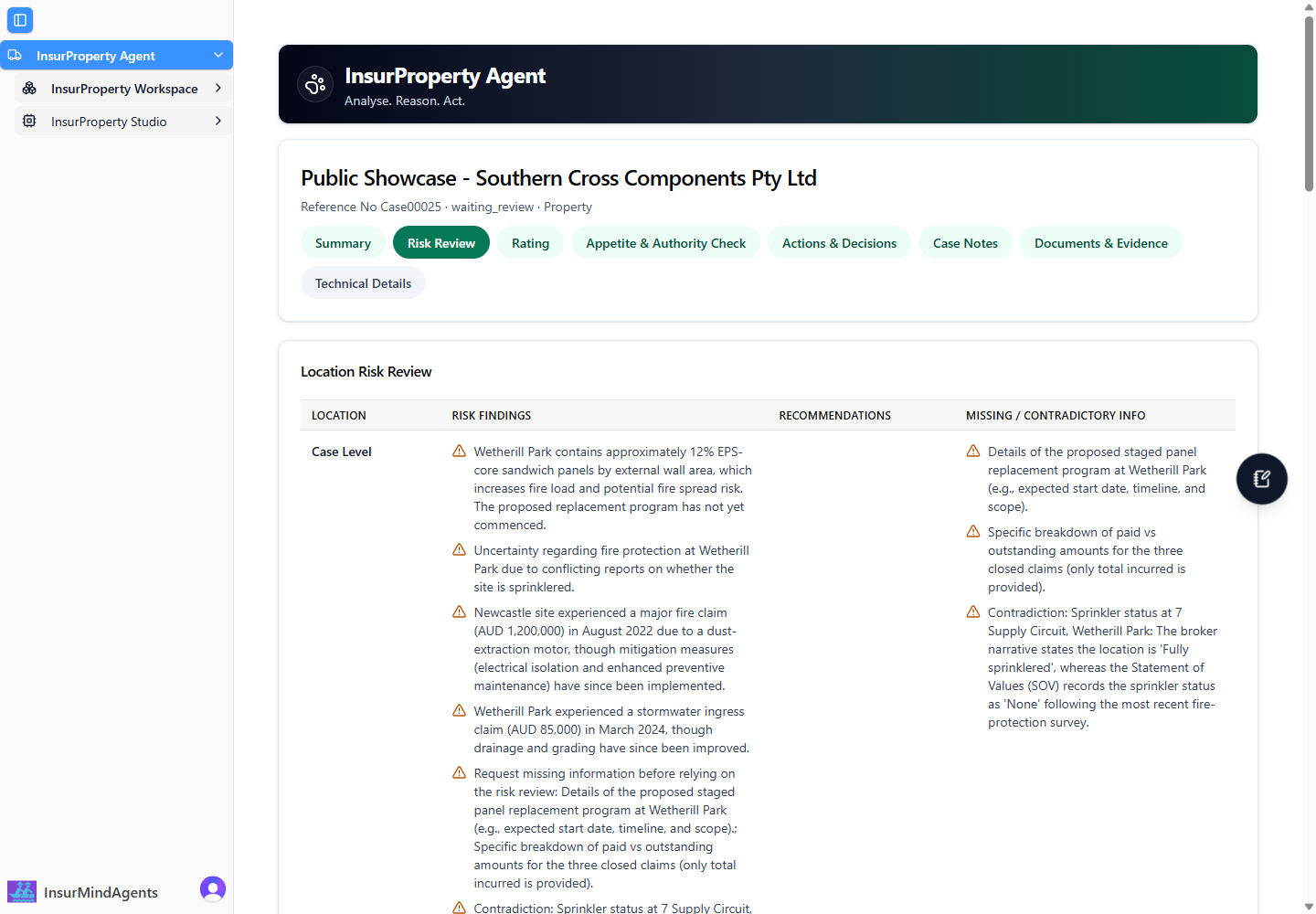Risk review showing contradictory sprinkler evidence.